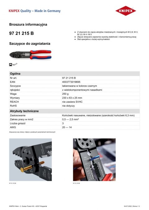 SZCZYPCE DO ZAGNIATANIA ZŁĄCZEK KABLOWYCH 0,5-2,5 MM KNIPEX SZCZYPCE DO ZAGNIATANIA ZŁĄCZEK KABLOWYCH 0,5-2,5 MM KNIPEX