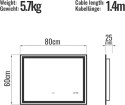 Aquamarin Lustro łazienkowe z oświetleniem LED, 80 x 60 cm