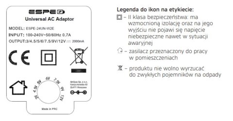 ZASILACZ WTYCZKOWY 3-12V 2A 1m. 3V 4,5V 5V 6V 7,5V 9V 12VDC REGULOWANY ESPE ESPE ZASILACZ WTYCZKOWY 3-12V 2A 1m. 3V 4,5V 5V 6V 7,5V 9V 12VDC REGULOWANY ESPE ESPE