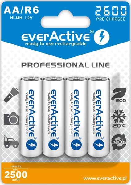 Akumulatorki AA / R6 everActive Ni-MH 2600 mAh ready to use Professional line (box 4szt) EVERACTIVE Akumulatorki AA / R6 everActive Ni-MH 2600 mAh ready to use Professional line (box 4szt) EVERACTIVE