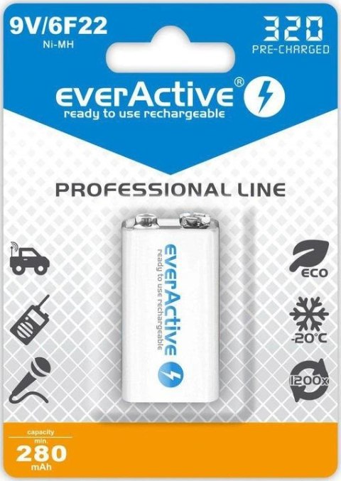 Akumulatorek 6F22/9V everActive Ni-MH Ni-MH 320 mAh ready to use Professional line EVERACTIVE