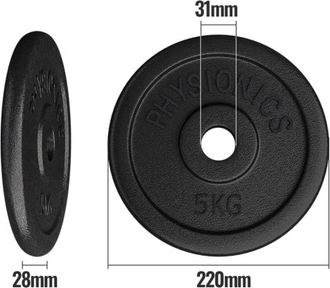PHYSIONICS Zestaw obciążeń 2 x 5 kg, żeliwo, 31 mm Physionics PHYSIONICS Zestaw obciążeń 2 x 5 kg, żeliwo, 31 mm Physionics