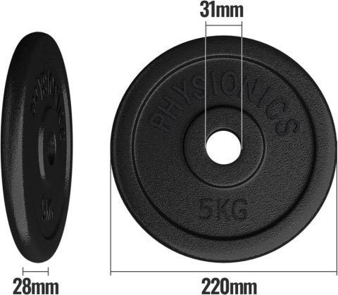 PHYSIONICS Zestaw obciążeń 6 x 5 kg, żeliwo, 31 mm Physionics PHYSIONICS Zestaw obciążeń 6 x 5 kg, żeliwo, 31 mm Physionics