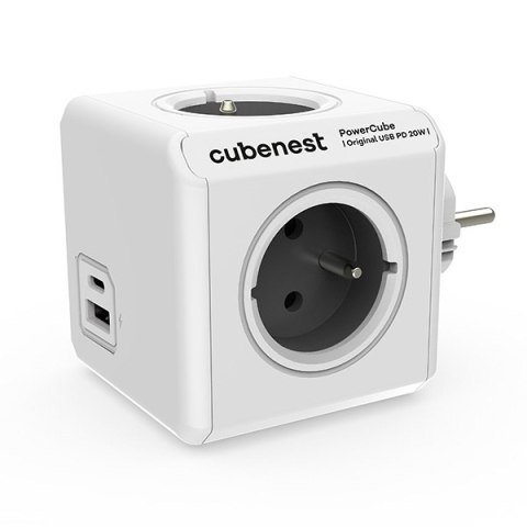 Listwa zasilająca 250V, CEE7 (widelec) - POWERCUBE, 0.1m, ORIGINAL USB, szara, POWERCUBE, 4 gniazdka + 2 porty USB