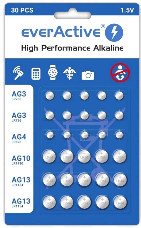 Zestaw 30 baterii 1,5V 10x AG3 / LR41 5x AG4 / LR626 5x AG10 / LR1130 10x AG13 / LR1154 everActive EVERACTIVE