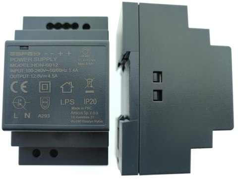 ZASILACZ IMPULSOWY NA SZYNĘ DIN ESPE HDN-6012 12V/54W/4.5A ESPE ZASILACZ IMPULSOWY NA SZYNĘ DIN ESPE HDN-6012 12V/54W/4.5A ESPE