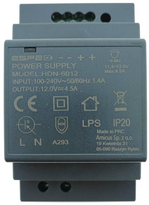 ZASILACZ IMPULSOWY NA SZYNĘ DIN ESPE HDN-6012 12V/54W/4.5A ESPE ZASILACZ IMPULSOWY NA SZYNĘ DIN ESPE HDN-6012 12V/54W/4.5A ESPE