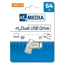 MyMedia MyDual USB 2.0, USB 2.0, 64GB, srebrny, 69267, USB A / USB C, z osłoną