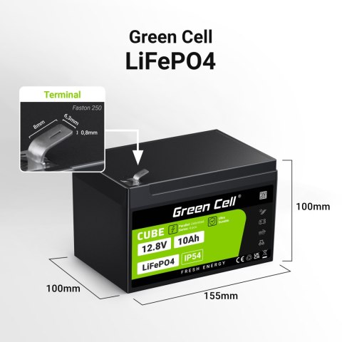 Green Cell CUBE Akumulator LiFePO4 10Ah 12.8V 128Wh Litowo-Żelazowo-Fosforanowy do zasilania i oświetlenia awaryjnego, central