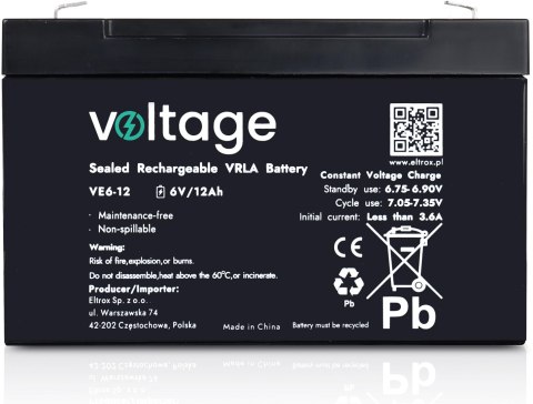 Akumulator AGM Voltage 6V 12Ah VE6-12 VOLTAGE Akumulator AGM Voltage 6V 12Ah VE6-12 VOLTAGE