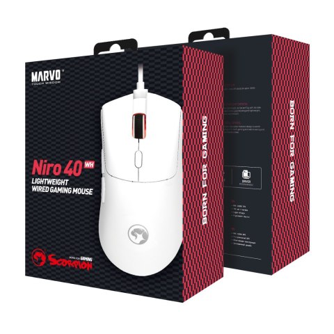 Mysz przewodowa, Marvo Niro 40 White, biała, optyczna, 12000DPI Mysz przewodowa, Marvo Niro 40 White, biała, optyczna, 12000DPI