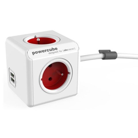 Kabel sieciowy 230V przedłużacz CEE7 (widelec)-POWERCUBE 1.5m EXTENDED USB czerwony POWERCUBE 4 zásuvky 2xUSB portdětská