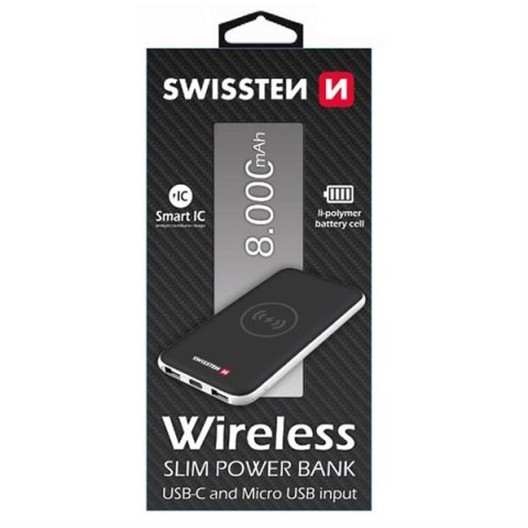 SWISSTEN, powerbank, Li-Pol, 5V, 8000mAh, do ładowania telefonów i innych urządzeń, bezprzewodowa ładowarka do telefonu, czarna