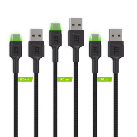 Zestaw 3x Kabel Green Cell GC Ray USB - USB-C 120cm, zielony LED, szybkie ładowanie Ultra Charge, QC 3.0