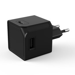 Ładowarka USB CEE7 (widelec)-POWERCUBE, 0.1m, USBCUBE ORIGINAL A+C, czarna, POWERCUBE, 2x USB A port + 2x USB C port, kompaktní