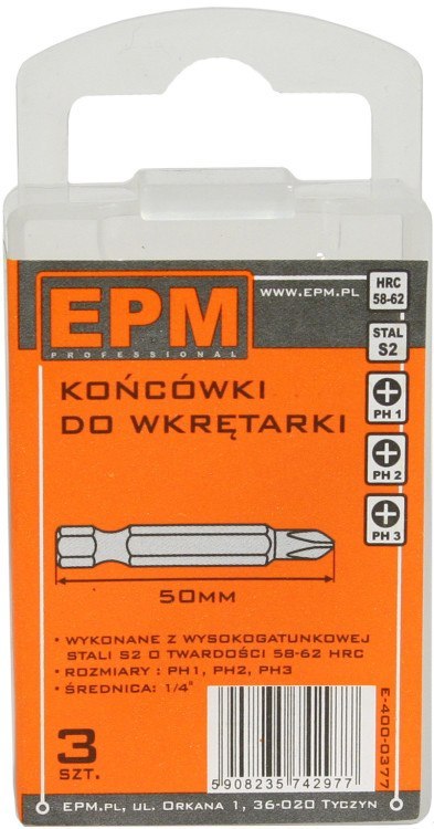 GROT, BIT, KOŃCÓWKA DO WKRĘTARKI 50MM 3SZT. PH1,PH2,PH3 EPM GROT, BIT, KOŃCÓWKA DO WKRĘTARKI 50MM 3SZT. PH1,PH2,PH3 EPM