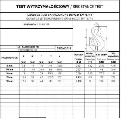 HAK SKRACAJĄCY Z UCHEM 7/8MM WLL 2T G8 EN1677-1 UN HAK SKRACAJĄCY Z UCHEM 7/8MM WLL 2T G8 EN1677-1 UN