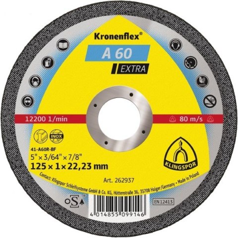 TARCZA PŁASKA A60EX T1A 125*1.0*22 262937 KLINGSPOR TARCZA PŁASKA A60EX T1A 125*1.0*22 262937 KLINGSPOR