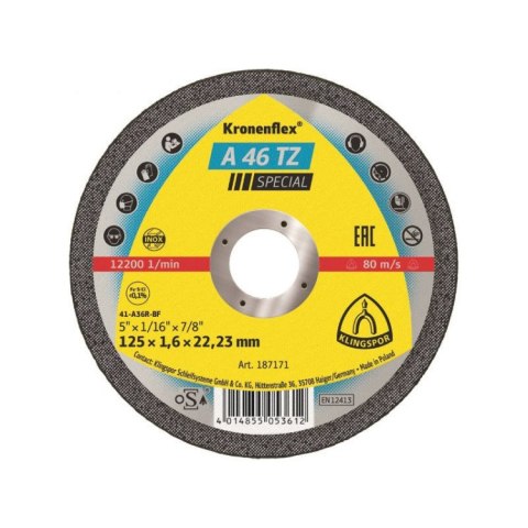 TARCZA PŁASKA A46TZ T1A 125*1.6*22 187171 KLINGSPOR TARCZA PŁASKA A46TZ T1A 125*1.6*22 187171 KLINGSPOR