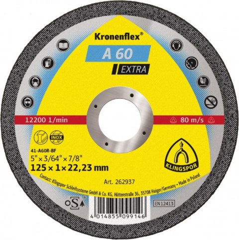 TARCZA PŁASKA A60EX T1A 125*1.0*22 262937 KLINGSPOR TARCZA PŁASKA A60EX T1A 125*1.0*22 262937 KLINGSPOR