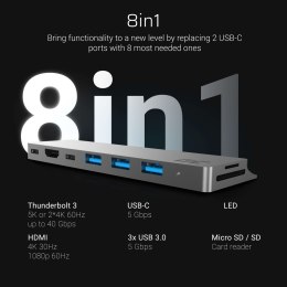 Green Cell Adapter HUB GC Connect60 8w1 (Thunderbolt 3, USB-C, HDMI, 3x USB 3.0, SD, microSD) do MacBook Pro 13