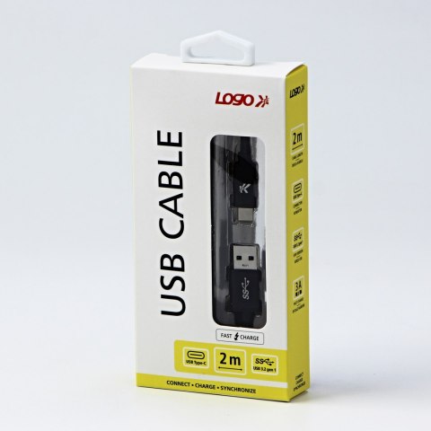 Kabel USB (3.2 gen 1), USB A M- USB C M, 2m, 5 Gb/s, 5V/3A, czarny, Logo, box, oplot nylonowy, aluminiowa osłona złącza Kabel USB (3.2 gen 1), USB A M- USB C M, 2m, 5 Gb/s, 5V/3A, czarny, Logo, box, oplot nylonowy, aluminiowa osłona złącza