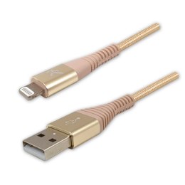 Kabel USB (2.0), USB A M- Apple Lightning M, 1m, MFi certifikat, 5V/2,4A, złoty, Logo, box, oplot nylonowy, aluminiowa osłona zł