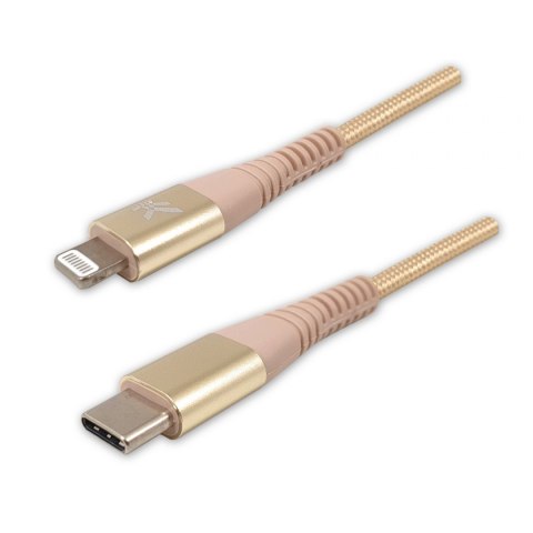 Kabel USB (2.0), USB C M- Apple Lightning M, 1m, MFi certifikat, 5V/3A, złoty, Logo, box, oplot nylonowy, aluminiowa osłona złąc