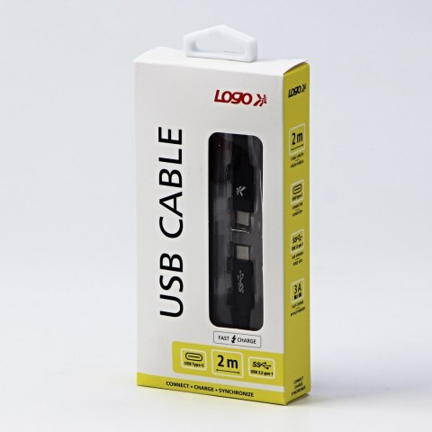 Kabel USB (3.2 gen 1), USB C M- USB C M, 2m, 5 Gb/s, 5V/3A, czarny, Logo, box, oplot nylonowy, aluminiowa osłona złącza Kabel USB (3.2 gen 1), USB C M- USB C M, 2m, 5 Gb/s, 5V/3A, czarny, Logo, box, oplot nylonowy, aluminiowa osłona złącza