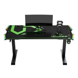 ULTRADESK Biurko dla gracza FORCE - zielone, 166x70 cm, 76.5 cm, z podkładką pod mysz XXL, uchwyt na napoje i słuchawki