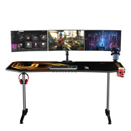 ULTRADESK Biurko dla gracza FRAG XXL GOLD, 160 x 75 cm, 75 cm, uchwyty na słuchawki i napoje, z podkładką XXL na cały pulpit