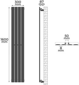 Grzejnik pionowy, podłączenie centralne, 1600 x 300 x 52 mm