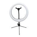 Lampa studyjna pierścieniowa Powerton 10 ", RGB LED, niska, regulacja barwy i intensywności światła, uchwyt telefonu i tripod