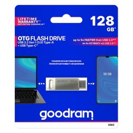 Goodram USB flash disk, USB 3.0 (3.2 Gen 1), 128GB, ODA3, srebrny, ODA3-1280S0R11, USB A / USB C, z obrotową osłoną