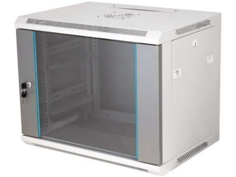 Szafka rack wisząca 19" 18U 600x450, niedzielona, drzwi szklane jednoskrzydłowe, tył osłona pełna, osłony boczne zamykane na klu